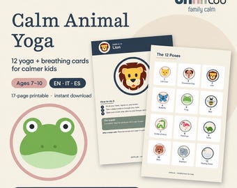 Puede incluir: Un set imprimible de 17 páginas titulado Calm Animal Yoga de shhhLab con 12 tarjetas de yoga y respiración para niños de 7 a 10 años. Las tarjetas muestran ilustraciones de animales, instrucciones para las posturas y la lista de las 12 poses.