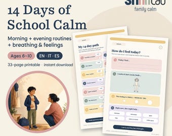 Puede incluir: Un documento imprimible de 33 páginas titulado 14 Days of School Calm de shhhLab family calm. Incluye rutinas matutinas y vespertinas, ejercicios de respiración y sentimientos para edades de 6 a 10 años, con un camino de 14 días y un registro.