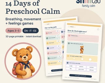 Puede incluir: Un set de actividades imprimible de 32 páginas titulado 14 Days of Preschool Calm de shhhLab, con juegos de respiración, movimiento y sentimientos para edades de 3 a 5 años. Incluye una ilustración de un oso, un rastreador de 14 días y una ficha.