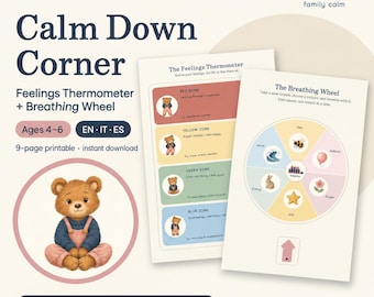 Puede incluir: Un conjunto imprimible Calm Down Corner que incluye un termómetro de sentimientos y una rueda de respiración. El diseño presenta una ilustración de un oso pardo, etiquetas de texto para zonas emocionales y una rueda con iconos.