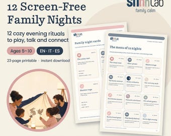 Puede incluir: Un conjunto imprimible de 23 páginas titulado 12 Screen-Free Family Nights de shhhLab. El documento incluye un menú de 12 tarjetas de actividades para edades de 5 a 10 años, con títulos como The story tent y Shadow stage para rituales familiares.