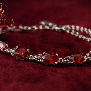Pulsera de tenis de plata de ley 925, cristal rojo rubí, eslabones de filigrana celta
