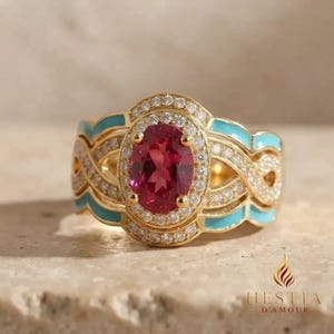 Pode incluir: Um anel de ouro com uma pedra preciosa central de corte oval em rosa escuro, rodeada por um halo de pequenas pedras brancas. A banda apresenta um design entrelaçado complexo com esmalte turquesa brilhante e pedras brancas.