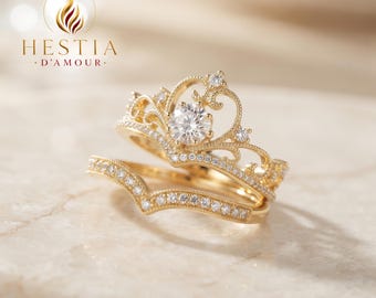 Set di anelli con corona da principessa, fascia a chevron con tiara di cristallo, anelli impilabili vintage in acciaio inossidabile con filigrana.