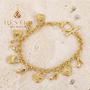Sterling Silver 18K Gold Plated Handbag High Heel Charm Bracelet, Toggle Clasp