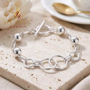 Sterling Silver Interlocking Circle Bracelet, Ball Bead Toggle Clasp Jewelry