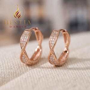 Pendientes de aro retorcidos con diseño infinito en oro rosa pavé, joyería nupcial tipo huggie con circonitas brillantes