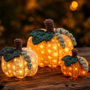 May include: Three crocheted pumpkins in varying sizes, illuminated from within by warm white lights. Each pumpkin features a brown crocheted stem, dark green crocheted leaves, and light green curly tendrils. The pumpkins are textured and round.