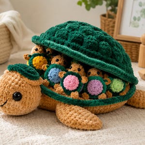 May include: A large, tan, crocheted turtle plush with a dark green shell that opens to reveal several smaller, colorful crocheted baby turtles inside. The mother turtle has black plastic eyes and a small matching green hat on its head.