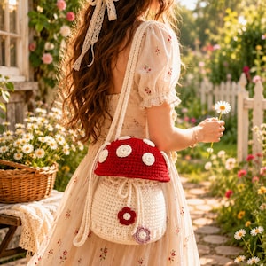 Crochet Mushroom Bag Pattern, Beginner Friendly Mushroom Toadstool Crossbody Shoulder Bag, Cottagecore Fairycore Purse