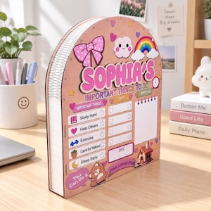 Personalized Wooden Kids Routine Chart | Detachable Name Cut‑Out, Built‑In Piggy Bank Storage Back, Toddler Daily Responsibility Board