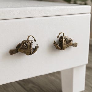 Brass Angler Fish Cabinet Knob Nautical Drawer Pull Dresser Kitchen Hardware Coastal Decor Gift