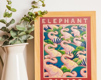 A Parade of Elephants Art Print | Illustrated | A5 Print | Fun Animal Illustration | Recycled Card