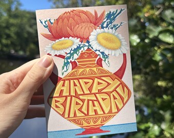 Greek Vase Birthday Card | Flowers Illustration | Recycled Paper A6