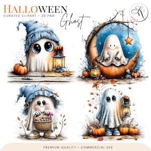 Paquete de imágenes prediseñadas de fantasmas caprichosos para Halloween, fantasmas lindos en formato PNG, imágenes prediseñadas de Halloween espeluznantes y lindas, gráficos de fantasmas en acuarela, diseños de fantasmas originales