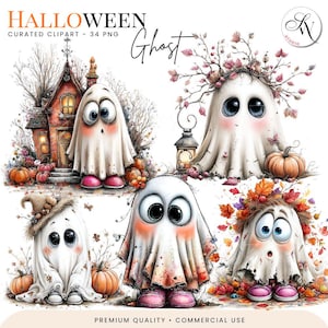 Paquete de imágenes prediseñadas de fantasmas caprichosos para Halloween, fantasmas lindos en formato PNG, imágenes prediseñadas de Halloween espeluznantes y lindas, gráficos de fantasmas en acuarela, diseños de fantasmas originales