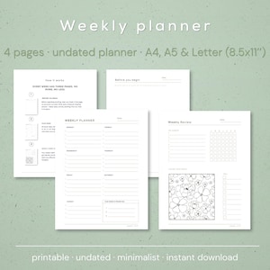 Undated Weekly Planner Printable PDF | Habit & Mood Tracker | Brain Dump Journal | Minimalist | A4, A5 Letter Format - English