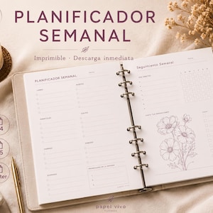 May include: A weekly planner insert in Spanish featuring a ring-bound layout with sections for daily tasks, habit tracking, and a floral illustration. The text includes PLANIFICADOR SEMANAL, Lunes, Martes, Miércoles, Jueves, Viernes, Sábado, Domingo, Seguimiento Semanal, Mis Hábitos, and Vista tus Sensaciones.