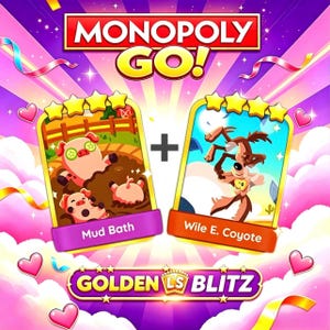 Könnte beinhalten: Eine Monopoly Go Golden Blitz Grafik mit zwei Vier-Sterne-Spielkarten. Die linke Karte zeigt drei Schweine in einem Schlammbad mit Gurkenscheiben auf den Augen. Die rechte Karte zeigt Wile E. Coyote. Der Hintergrund ist lila und rosa.
