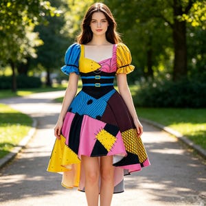 May include: A patchwork dress featuring a square neckline and puff sleeves. The bodice and skirt are composed of multi-colored fabric panels in yellow, blue, pink, and brown, accented with black stitching details and two horizontal blue waist straps.