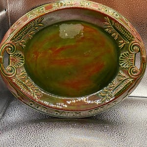 Vintage Mid-Century Studio Pottery Bread Platter, "Give Us This Day" Drip Glaze Tray