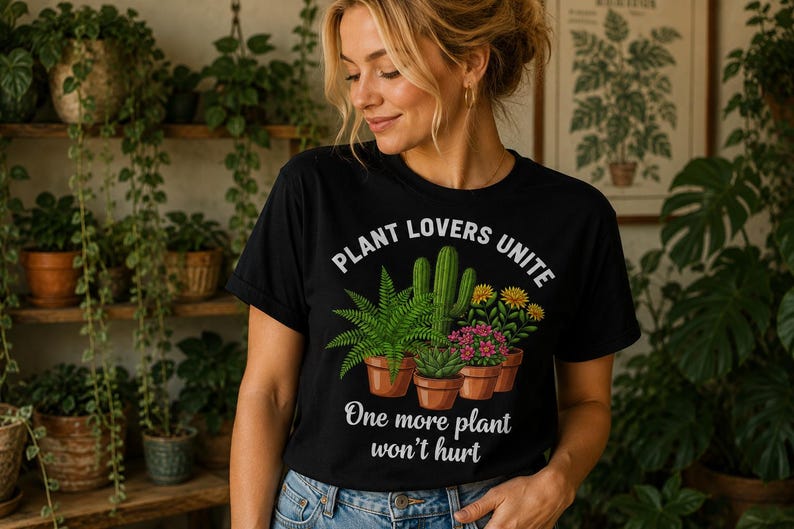 A funny One More Plant T-shirt featuring four colorful potted plants with the phrases "Plant Lovers Unite" and "One More Plant Won't Hurt." This botanical graphic tee is perfect for plant moms, crazy plant ladies, gardeners, houseplant collectors, and anyone who believes there's always room for another plant.