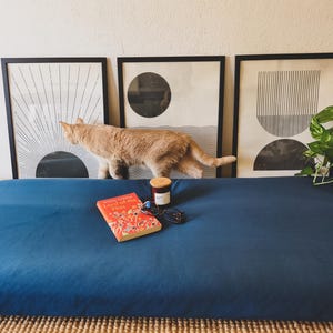 Può includere: Una superficie in tessuto blu con una copia del libro Lord of the Flies dalla copertina arancione brillante, una piccola candela marrone e occhiali con montatura nera. Sullo sfondo, tre stampe geometriche in bianco e nero incorniciate.