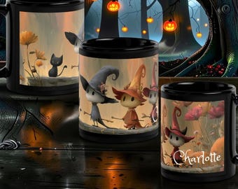 Personalized Halloween Mug, Custom Name Cute Witch Trio Coffee Cup, Cute Cat Gift