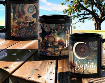 Personalized Witch Mug, Custom Name Mandala Moon Witch Cat Coffee Cup, Gift for Witch Lovers