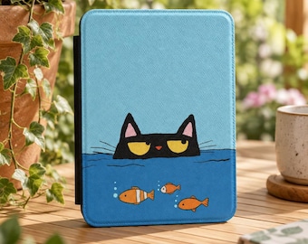 Funda para Kindle con diseño de gato negro nadando con peces