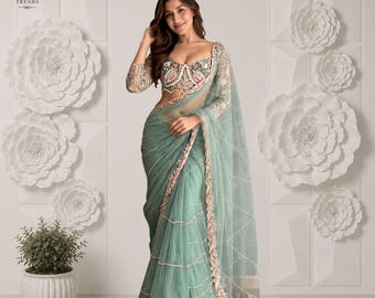 Net Saree, Diamond Work, Dori Sequins, Pearl Blouse (Unstitched)