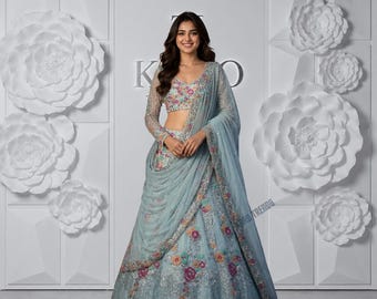 Sky Blue Organza Silk Lehenga Choli | Heavy Embroidery Sequins Bridal Wedding Set