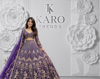 Lehenga de red suave: vuelo de 4 metros, bordado con lentejuelas, semi-cosido.