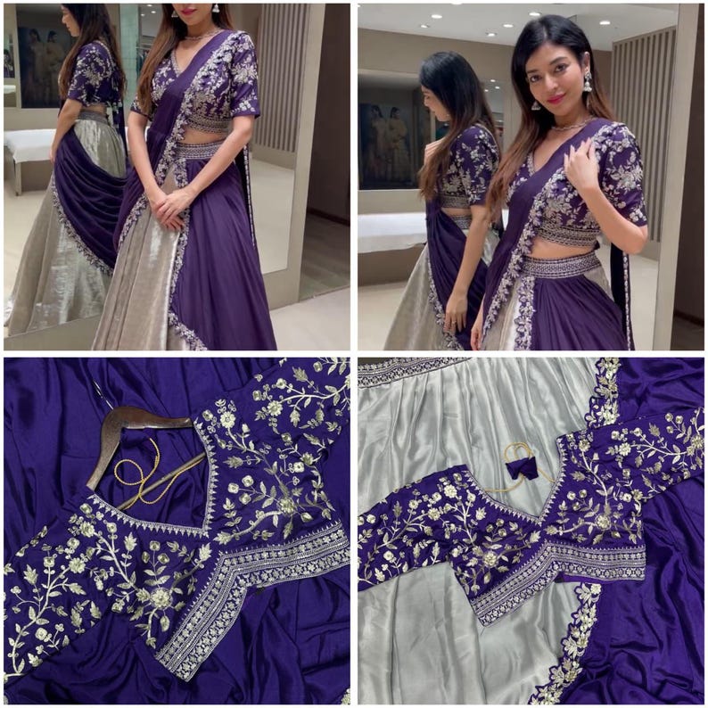 Puede incluir: Un conjunto de dos piezas que incluye una blusa morada oscura con bordados florales plateados y escote en V, combinado con una falda morada drapeada sobre una falda plateada brillante. La blusa tiene mangas cortas y detalles plateados.
