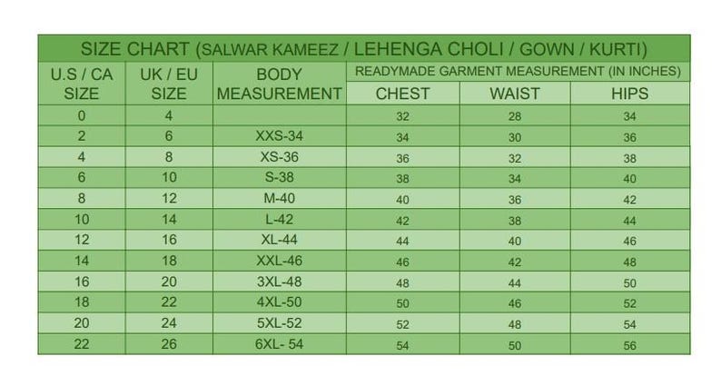 May include: A green size chart for salwar kameez, lehenga choli, gown, and kurti. The table lists U.S./CA sizes 0 to 22, UK/EU sizes 4 to 26, body measurements from XXS-34 to 6XL-54, and garment measurements in inches for chest, waist, and hips.