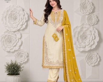 Roman Silk Embroidered Salwar Suit, Sequin Work Top Pant Dupatta