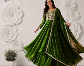 Fandy Silk Anarkali Gown Set, Heavy Embroidery Coding Sequin Work