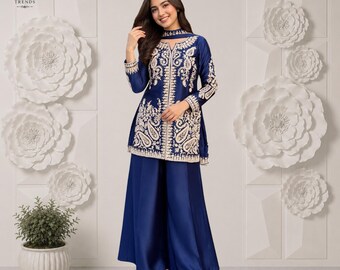 Conjunto de Kurti Palazzo de seda Rangoli, bordado con lentejuelas y trabajo de zari, ropa étnica india festiva