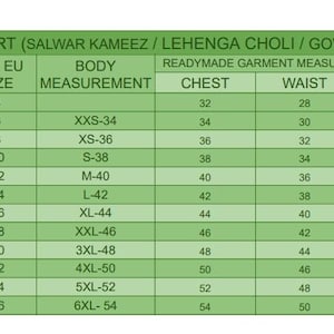 Puede incluir: Una tabla de tallas verde para salwar kameez, lehenga choli, vestido y kurti. La tabla enumera tallas de EE. UU./CA del 0 al 22, tallas de RU/UE del 4 al 26, medidas corporales de XXS-34 a 6XL-54 y medidas de prenda en pulgadas para pecho, cintura y cadera.