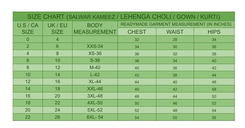 Puede incluir: Una tabla de tallas verde para salwar kameez, lehenga choli, vestido y kurti. La tabla enumera tallas de EE. UU./CA del 0 al 22, tallas de RU/UE del 4 al 26, medidas corporales de XXS-34 a 6XL-54 y medidas de prenda en pulgadas para pecho, cintura y cadera.
