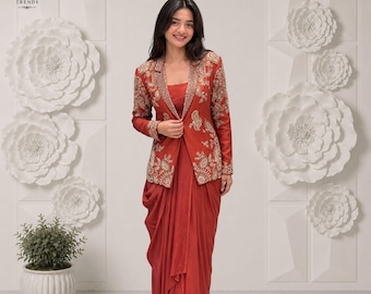 Trending Party Wear Koti with Dhoti Lehenga Set in Heavy Crepe Satin