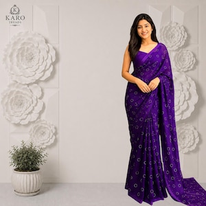 Space Satin Bits Work Sari med full utsmyckning och löparblus