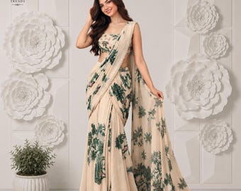 Sari de georgette listo para usar, sari con estampado digital de lentejuelas, sari de boda indio, sari para fiestas,