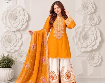 Conjunto Kurti Palazzo de seda organza color mostaza, bordado de lentejuelas zari, ropa étnica india festiva.
