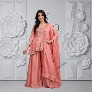 Women’s Rangoli Silk Sequence Embroidered Top Palazzo Dupatta Set | Wedding Party Wear Ethnic Suit