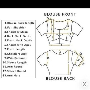 May include: A technical diagram illustrating measurements for a blouse, featuring a front view labeled BLOUSE FRONT and a back view labeled BLOUSE BACK. Numbered lines indicate specific points for measuring length, shoulder, neck, chest, waist, and sleeves.