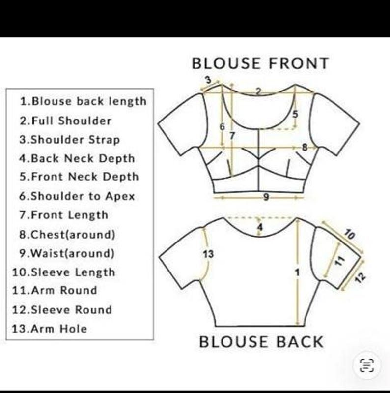 May include: A technical diagram illustrating measurements for a blouse, featuring a front view labeled BLOUSE FRONT and a back view labeled BLOUSE BACK. Numbered lines indicate specific points for measuring length, shoulder, neck, chest, waist, and sleeves.