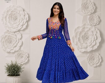 Women's Navratri Designer Georgette Ruffle Gown | Ready to Wear Festive Gown