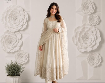 Heavy Fandy Silk Embroidered Gown Set with Dupatta and Pant