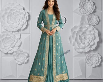 Chinon Silk Crush 3 Layer Flared Gown with Shrug